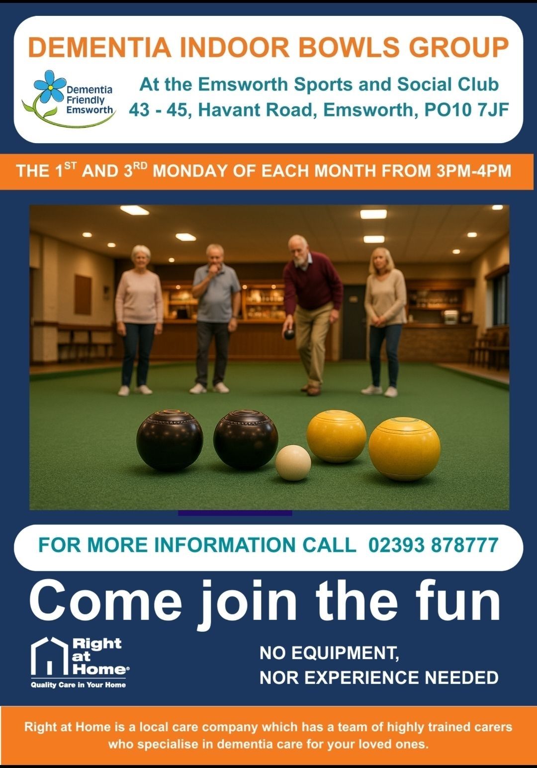 03.11.25 Dementia Indoor Bowls 3pm at Emsworth Sports and Social Club